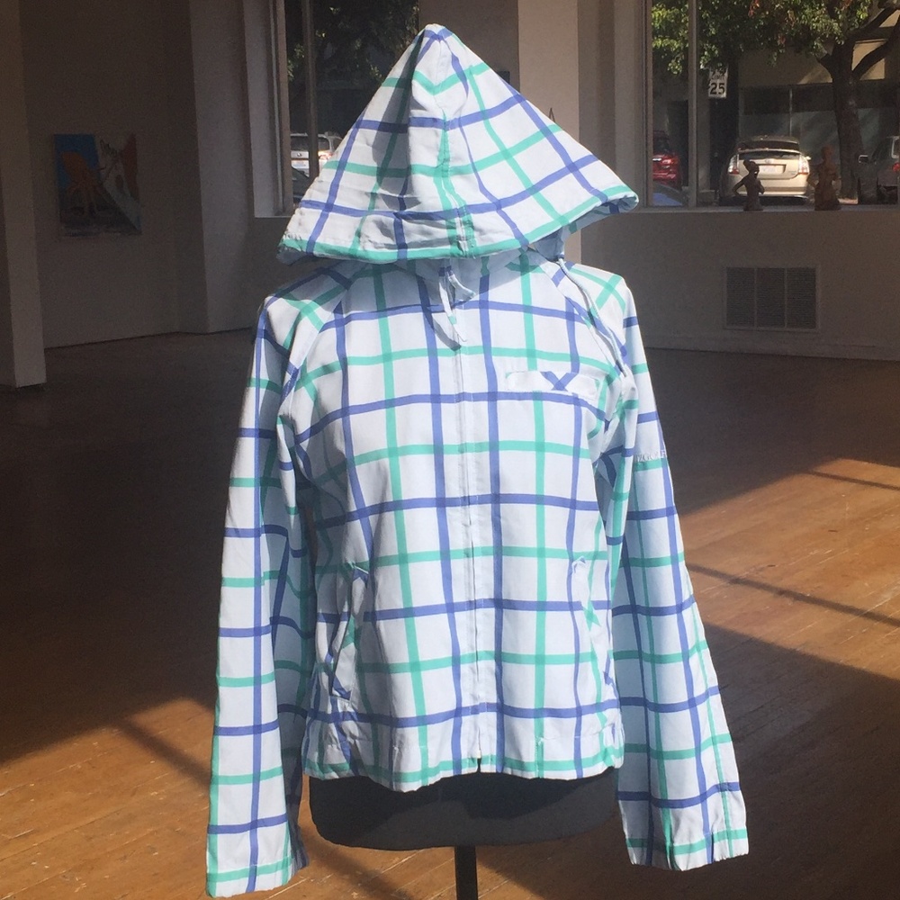 Liz Claiborne Windowpane patchwork blue sports/golf jacket with tuck-able hood